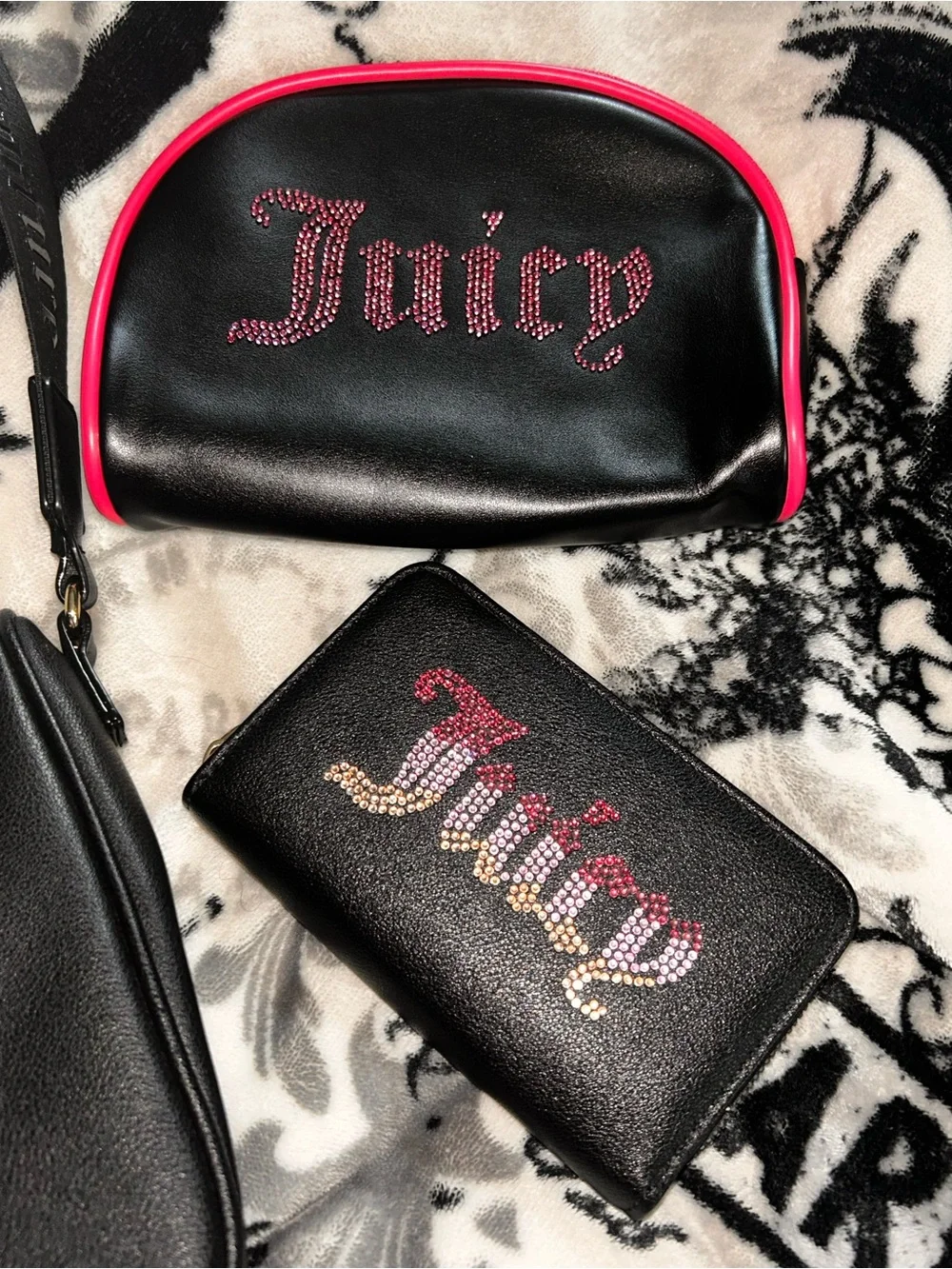 Juicy Couture Black Rhinestone Logo Shoulder Bag, Wallet, and Pouch Set